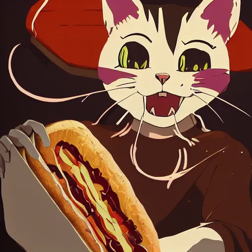 Image similar to a scared cat cowardly running away from the giant carnivorous sandwich, artstation hq, dark phantasy, stylized, symmetry, modeled lighting, detailed, expressive, true unsimulated emotions, created by hayao miyazaki