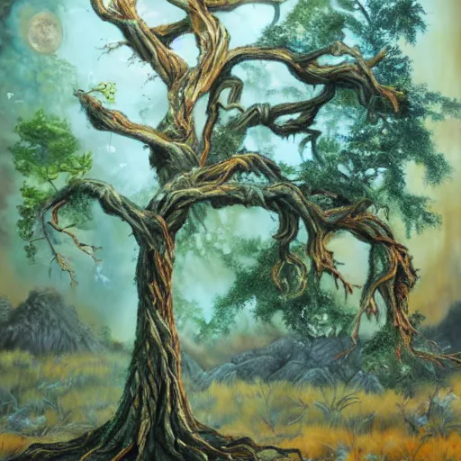 Prompt: A 42 year old tree, fantasy painting, lots of detail