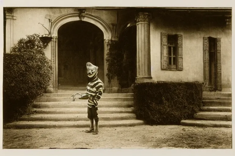 Prompt: photogravure, kid with a mask in front of a mansion, evocative, atmospheric lighting, painted, intricate, highly detailed, sharp focus, cinematic, masterpiece, german expressionism, cubic set, taken by robert wiene and fritz lang