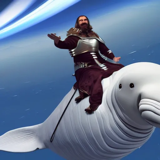 Image similar to Conquistador on Saturn riding a beluga whale, hyper-realistic, cinematic, 4k, render