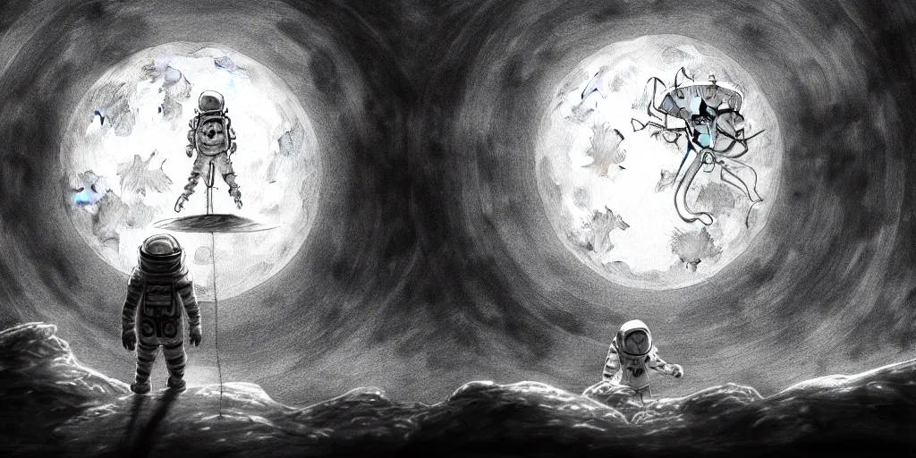 Prompt: adventure concept art of a ink wash sketch brain on the moon with esoteric surreal godly frames vibes, occult, trending on artstation, 4K, cinematic, epic lighting, UHD, HDR, professional painting