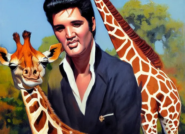 Prompt: a highly detailed beautiful portrait of elvis presley with a giraffe, by gregory manchess, james gurney, james jean