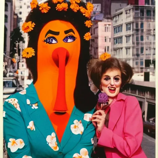 Image similar to 1972 woman on tv show with a long prosthetic snout nose, big nostrils, wearing flowers in the city 1972 color archival footage color film 16mm Fellini Almodovar John Waters Russ Meyer with hand puppet