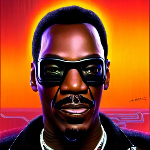 Image similar to a portrait of Cyberpunk Eddie Murphy is Beverly Hills Robocop, soft details, extremely detailed and coherent, matte painting oil on canvas in the style of artgem, 4k, 8k, HD, trending on artstation