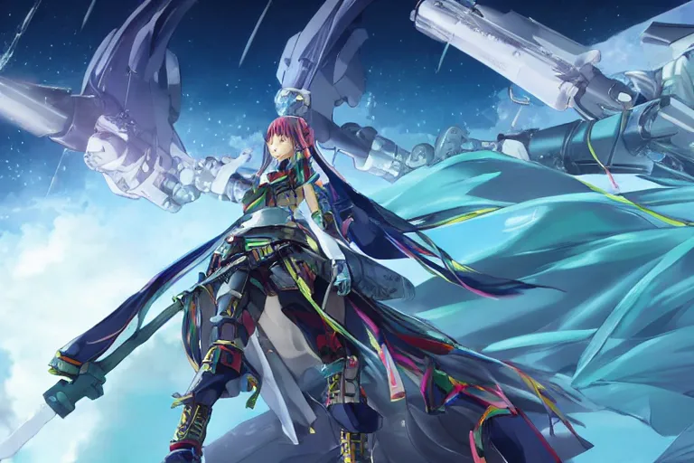 Image similar to wide - angled shot of an anime final fantasy star ocean female hungarian tribal robes scarf girl character riding a giant mecha with mechanical jet pack skates running speeding through scifi mystical steppe