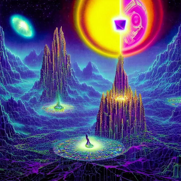 Image similar to mysterious satellites over epic mystical crystal temple, infinite fractal tesseract, quantum waves, synthwave, bright neon colors, highly detailed, cinematic, tim white, vladimir kush, jim burns, bob eggleton, philippe druillet, kubrick, aubrey beardsley, michael whelan, alfred kelsner, boris vallejo