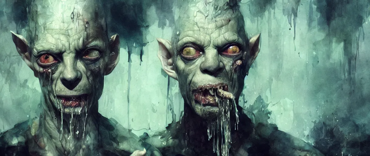 Image similar to portrait of gollum eating fish from witcher 3 by emil melmoth zdzislaw beksinki craig mullins yoji shinkawa realistic render ominous detailed photo atmospheric by jeremy mann francis bacon and agnes cecile ink drips paint smears digital glitches glitchart