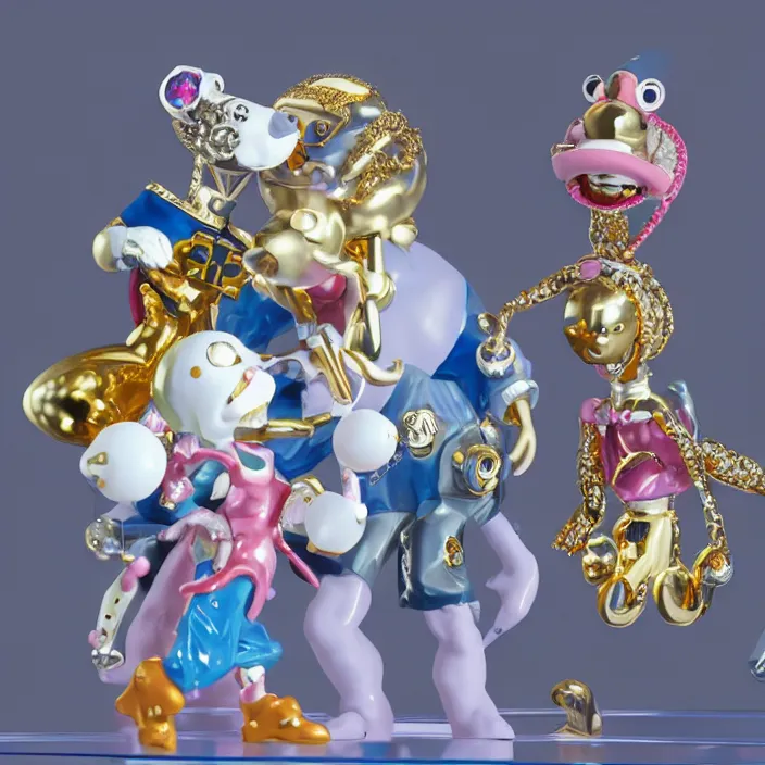 Image similar to jeff koons hip hop bauhaus style street sharks sailor moon wearing diamond grillz and a ton of bussdown iced gold bling in wallace & gromit strata - cut claymation, ultra realistic, concept art, intricate details, serious, highly detailed, photorealistic, octane render, 8 k, unreal engine, art by todd mcfarlane