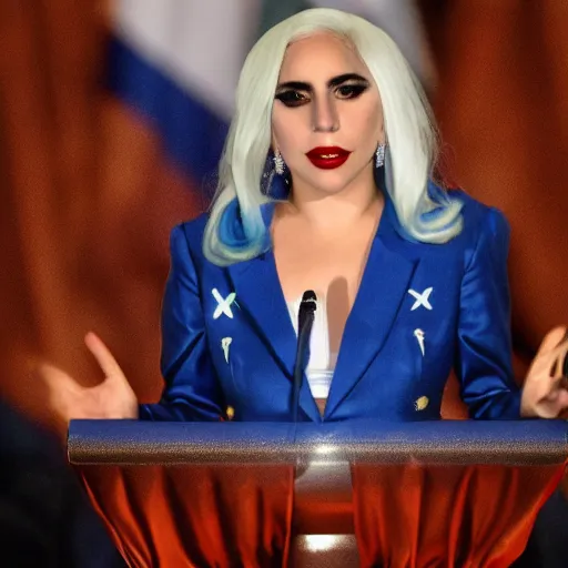 Image similar to Lady Gaga president of Argentina, Argentina flag behind, bokeh, detailed, hd, giving a speech