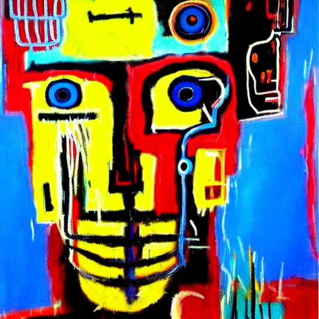 Prompt: a beautiful painting cyberpunk robot jean michel basquiat face, by salvador dali realistic oil painting