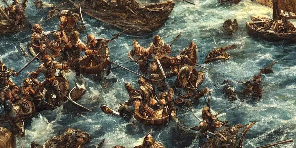 Image similar to Vikings fighting, very detailed and beautiful lighting