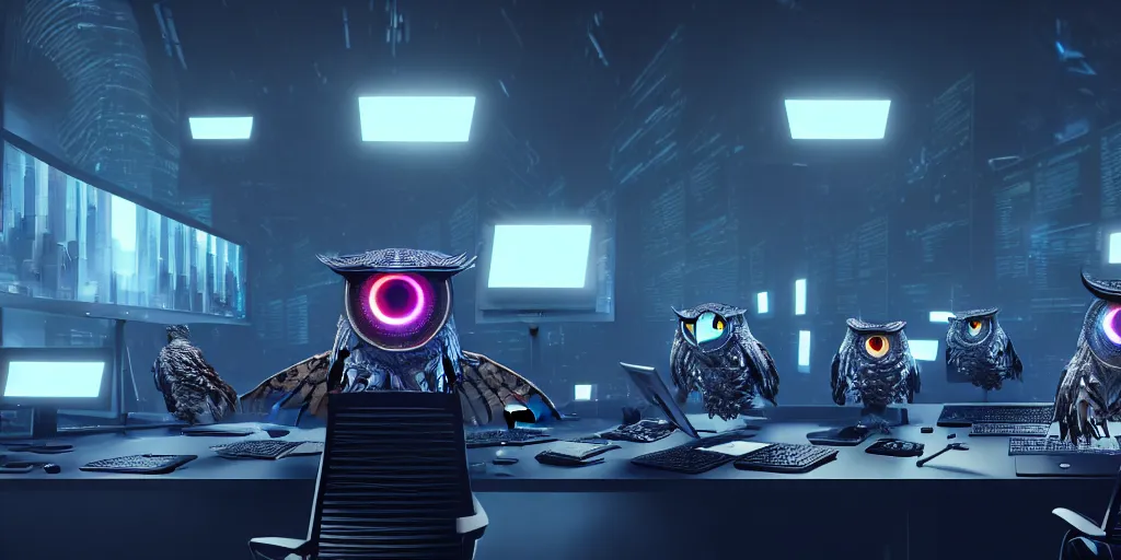 Image similar to an giant evil, malevolent, cyborg owls looking at a computer, surrounded by computer screens. this 4 k hd image is trending on artstation, featured on behance, well - rendered, extra crisp, features intricate detail and the style of unreal engine. volumetric lighting octane render