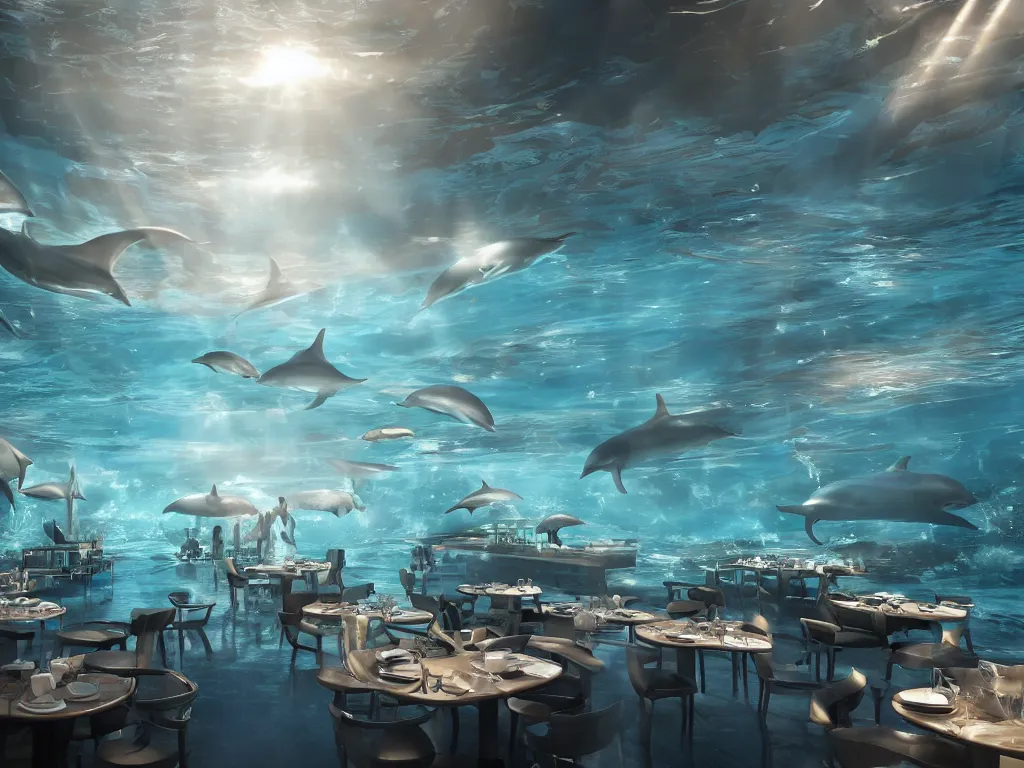 Image similar to Futuristic restaurant under water with dolphins and people inside. Rays of light shines through the water and dust clouds everywhere. Cinematic, ArtStation, realistic photograph, ambient, rays, lens flares. Unreal Engine, Blender, Maya, rendered by Octane, Arnold.