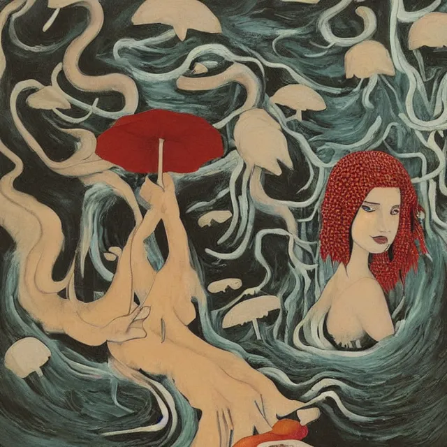 Image similar to tall female emo artist wearing a pig mask in her flooded apartment, mushrooms, octopus, water gushing from ceiling, painting of flood waters inside an artist's apartment, a river flooding indoors, pomegranates, ikebana, zen, rapids, waterfall, black swans, canoe, berries, acrylic on canvas, surrealist, by magritte and monet