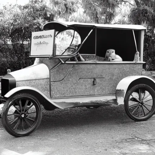 Image similar to a quokka, driving a model t ford, black and white photograph