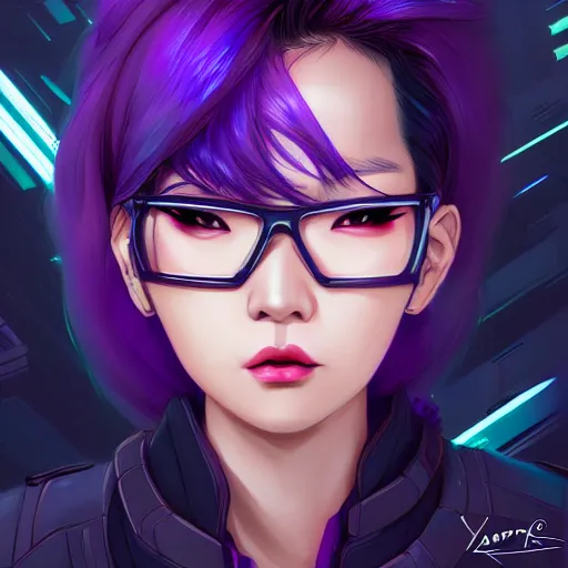 Image similar to a portrait of a young asian cyberpunk woman with purple hair, art by lois van baarle and loish and ross tran and rossdraws and sam yang and samdoesarts and artgerm and saruei and disney, digital art, highly detailed, intricate, sharp focus, trending on artstation hq, deviantart, unreal engine 5, 4 k uhd image