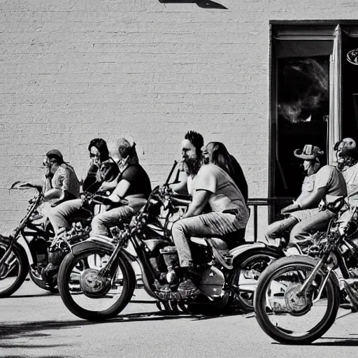 Prompt: a biker gang of coyotes, waiting outside a bar, smoking cigarettes and drinking beer, 25mm, black and white photography