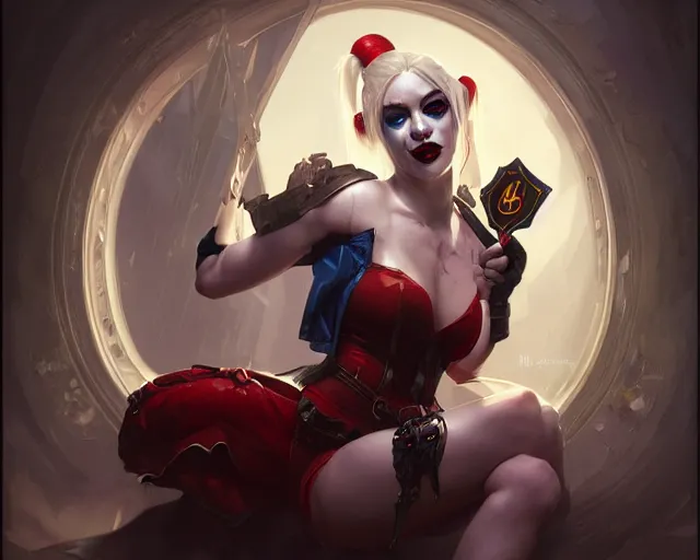 Image similar to photography of harley quinn, deep focus, d & d and mtg, fantasy, intricate, elegant, highly detailed, digital painting, artstation, concept art, matte, sharp focus, illustration, hearthstone, art by artgerm and greg rutkowski and alphonse mucha