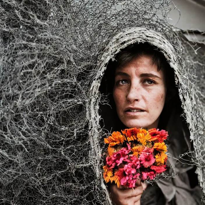 Prompt: a closeup portrait of a woman wearing a hooded cloak made of zinnias and barbed wire, in a derelict house, by Michela Riva, natural light, detailed face, CANON Eos C300, ƒ1.8, 35mm, 8K, medium-format print