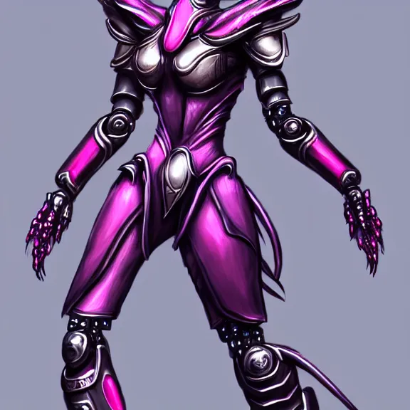 Image similar to extremely detailed fanart of a goddess that's a giant beautiful anthropomorphic robot female dragon, standing majestically over mountains, elegant pose, shiny silver metal armor, fuchsia skin below the armor, sharp metal claws, warframe fanart, high quality digital art, furry art, furaffinity, DeviantArt, 8k HD