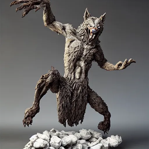 Image similar to leaping werewolf clay sculpture, by anna podedworna and ellen jewett, artstation