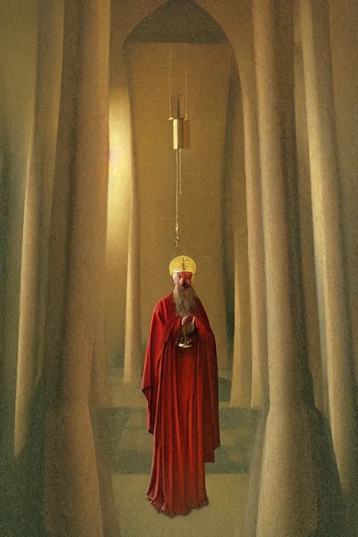 Image similar to an orthodox patriarch in a very tall russian temple, in style of Zdzislaw Beksinski,