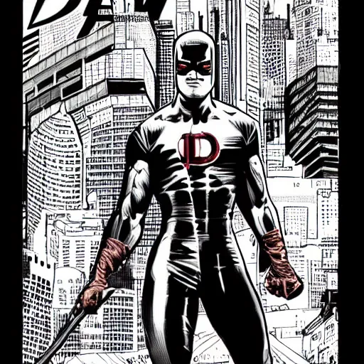 Prompt: clear and very detailed faces on a daredevil comic book cover by masterpiece high contrast line drawing