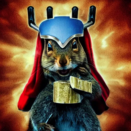 Image similar to the squirrel thor ~ holding his hammer ~ dramatic thunder background ~ trending ~