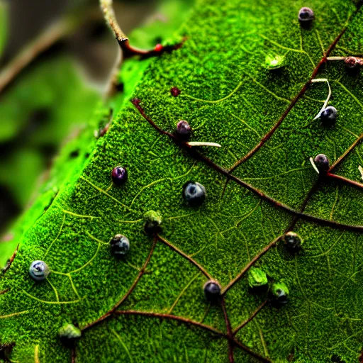 Image similar to closeup of a leafy blueberry bush in nordic forest with moss and twigs. Digital art. 4K. Artistic. Detailed drawing. Trending on artstation.