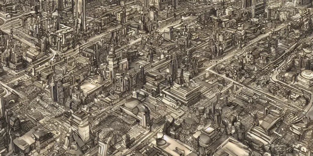 Image similar to cinematic still of hyper detailed street leve view realistic afro steampunk city designed by frank lloyd wright architect, helicopters, deep perspective, wide angle, insanely detailed and intricate,