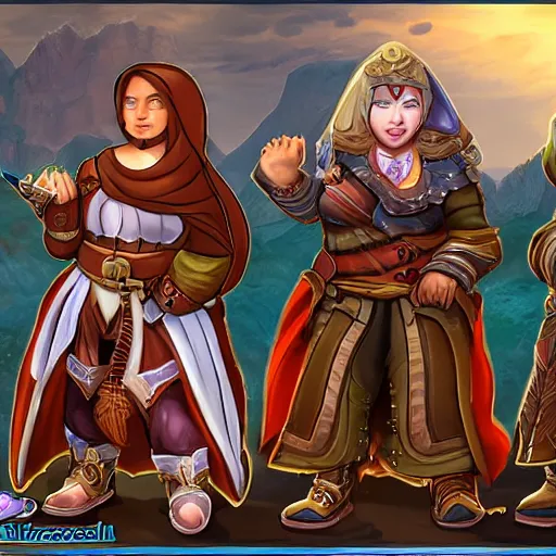 Prompt: 3 6 0 degree panorama of a female mage, a male dwarf, a male warrior, and a female thief. they're standing together.