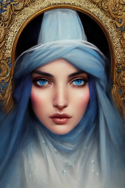 Prompt: arab Ameera al-Taweel, bright blue eyes, long wavy black hair, white veil, closeup, focus face, elegant, highly detailed, centered, oil painting, artstation, concept art by tom bagshaw