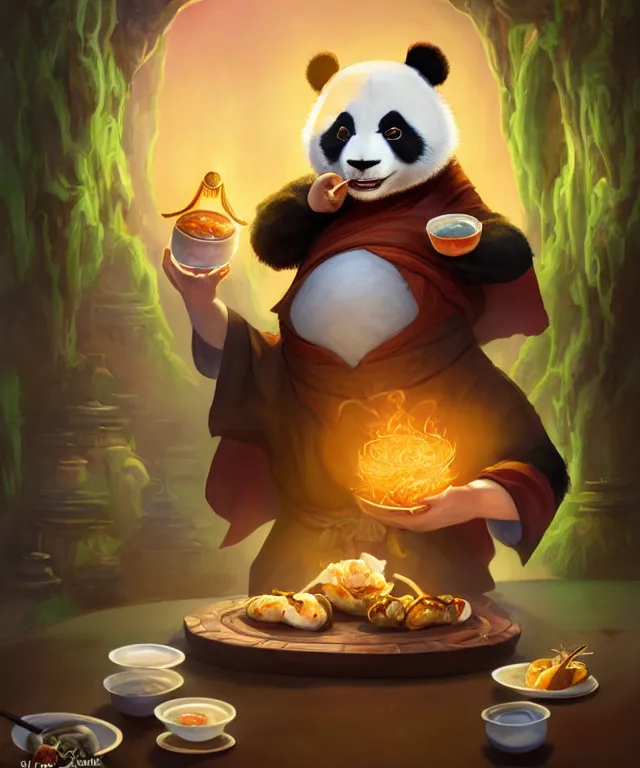 Image similar to a portrait an anthropomorphic panda mage eating chinese food, wearing mage robes, restaurant in background, cute and adorable, dnd character art portrait, well rendered matte fantasy painting, pixar style, by jason felix by steve argyle by tyler jacobson by peter mohrbacher, cinematic lighting