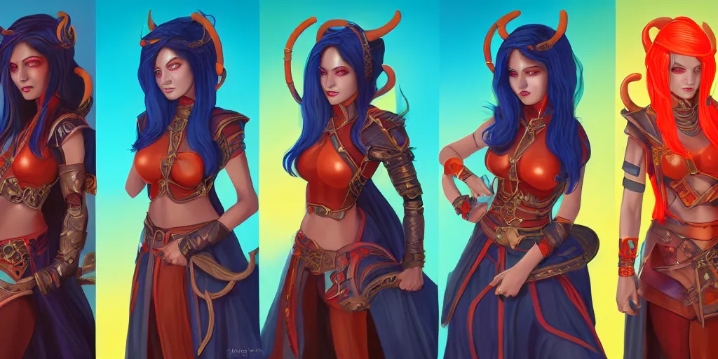 Image similar to triptych of youthful female feminine tiefling female bard with long bob cut blue hairstyle, her skin is tangerine, she has immaculate skin and pure black eyes and is wearing colorful leather armor by rossdraws,