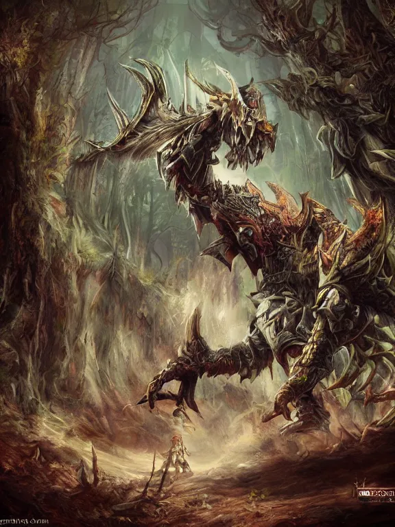 Prompt: final fantasy beast in the woods, highly detailed, digital art, sharp focus, trending on art station, warhammer fantasy,