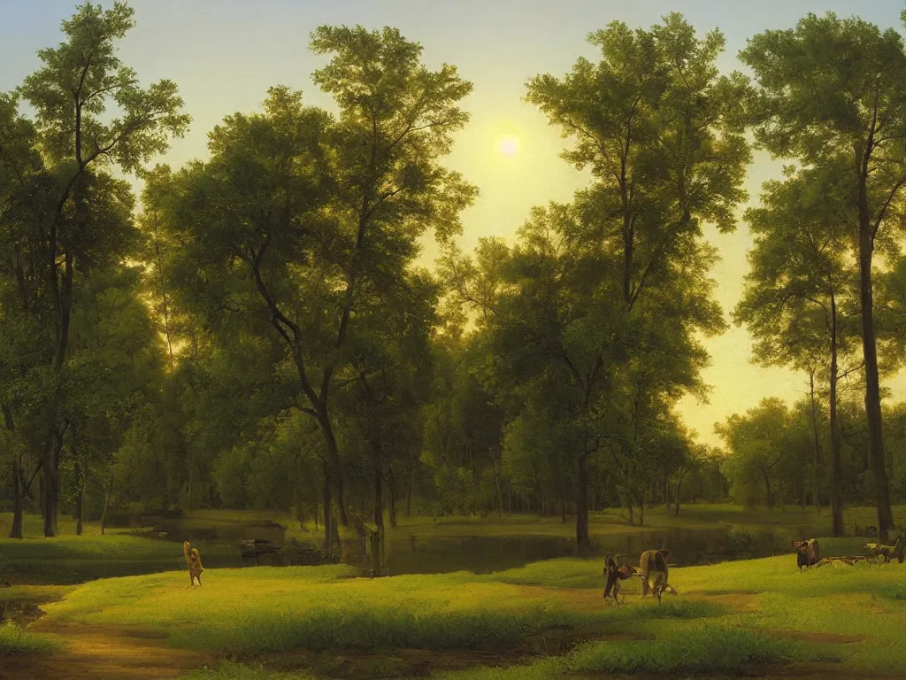 Image similar to a beautiful mississippi landscape, springtime morning, by george caleb bingham, oil on canvas, luminism, hyperrealism