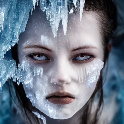 Prompt: a portrait photo of an ice elemental, human features, extremely detailed, beautiful portrait, fantasy art, face mad out of ice, ice person