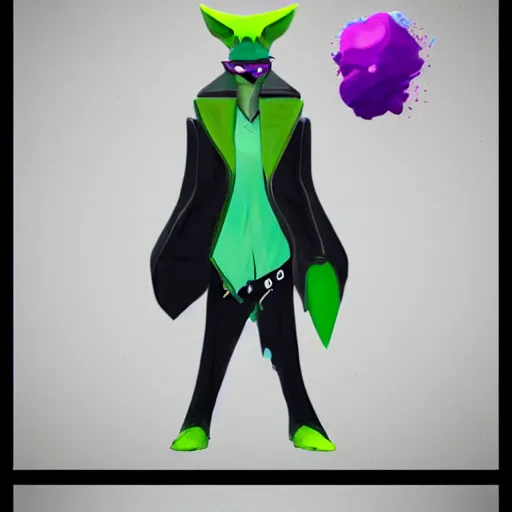 Image similar to character designs for a fashionable nonbinary icon wearing a large gothic manta ray cloak, sells empty spray paint cans as a scam and is always covered in paint, always acting delightedly shady, designed by splatoon nintendo, inspired by tim shafer psychonauts 2 by double fine, cgi, professional design, gaming