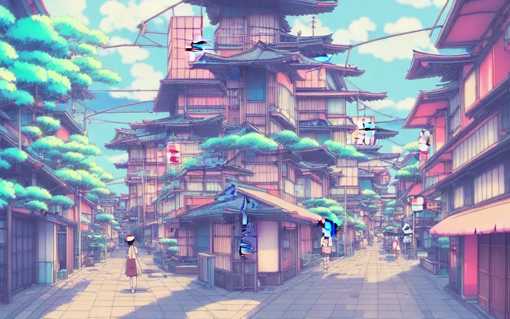 Image similar to a japanese city near the sea, lofi, dreamy, moody, very colorful, anime inspiration, ghibli vibe