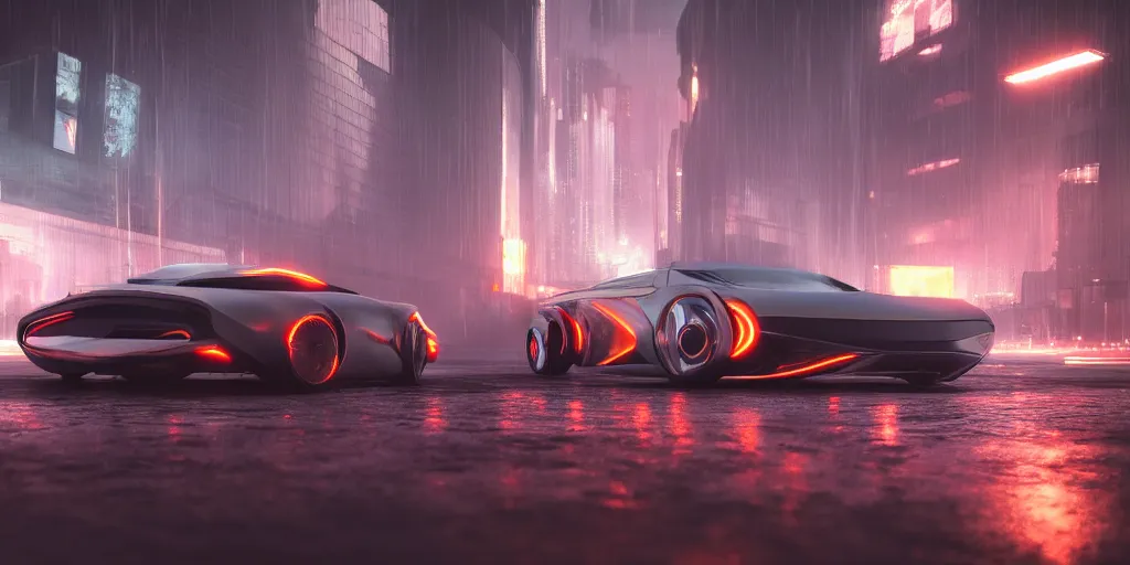 Image similar to futuristic electro car, smooth concrete brutalistic buildings on the background, puddles of water, stunning volumetric lighting, sunset, trending on Artstation, 8k, photorealistic, hyper detailed, unreal engine 5, cinematic, epic lighting, cryengine, octane render, cyberpunk, red and orange glow, dark, gloomy