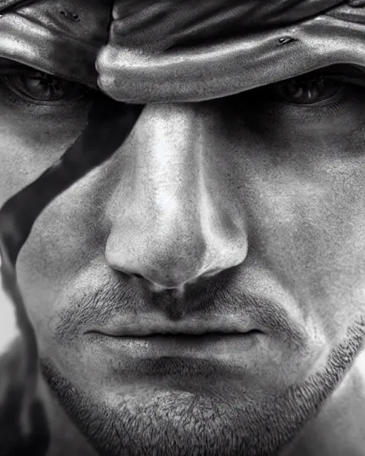 Image similar to solid snake bust portrait, cinematic lighting, anguished depressed facial expression, close - up, black atmospheric background, 4 k photography hdr
