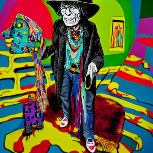 Image similar to old man wearing voodoo hat, mick jagger, art by meow wolf