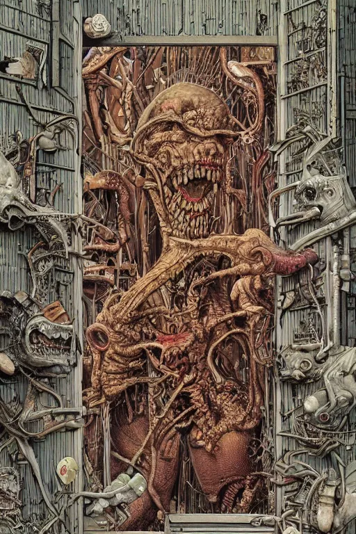 Prompt: a doorway to an impossible nightmare beyond comprehension, very very detailed painting by geof darrow and greg rutowski and hr giger