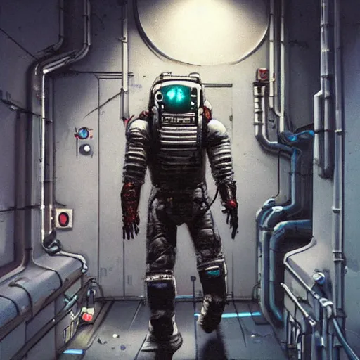 Image similar to Cyberpunk Dead Space themed Astronaut stepping out of an airlock, detailed illustration, Industrial Scifi, by Frank Frazetta and Martin Grip