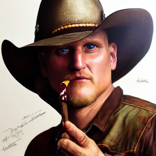 Prompt: portrait painting tallahassee woody harrelson from zombieland with a cowboy hat and bloody golf club, ultra realistic, concept art, intricate details, eerie, highly detailed, photorealistic, octane render, 8 k, unreal engine. art by artgerm and greg rutkowski and alphonse mucha