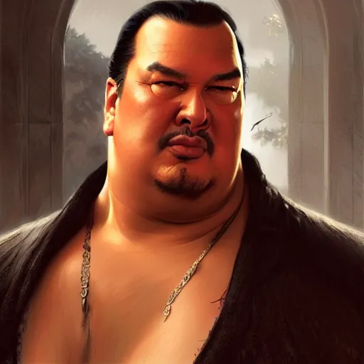 Prompt: Obese Steven Seagal, fantasy, intricate, elegant, highly detailed, digital painting, artstation, concept art, matte, sharp focus, illustration, art by Artgerm and Greg Rutkowski and Alphonse Mucha