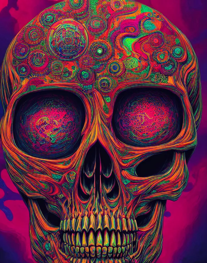 Image similar to portrait of a psychedelic skull. intricate abstract. intricate artwork. by Tooth Wu, wlop, beeple, dan mumford. octane render, trending on artstation, greg rutkowski very coherent symmetrical artwork. cinematic, hyper realism, high detail, octane render, 8k, depth of field, bokeh. dripping accents