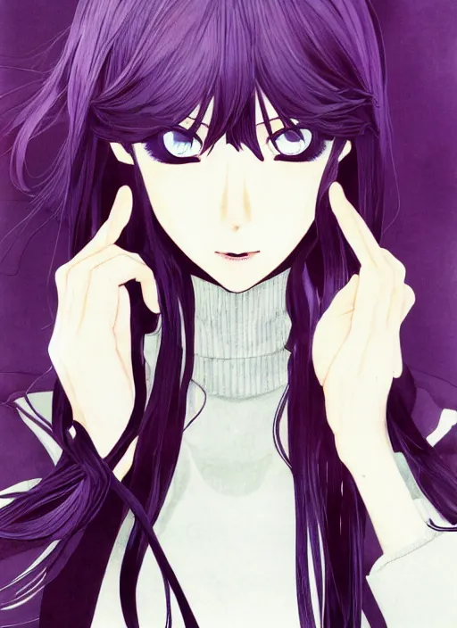 Prompt: illustration by shigenori soejima, by tatsuki fujimoto, by yoji shinakawa, girl, middle - parted long straight grape purple hair, grey turtleneck coat, forest background, focus on face, pretty, moody lighting, painterly