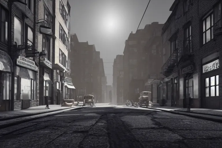 Prompt: still photo of a 1 9 0 0 s street, film noir, highly detailed, photorealistic portrait, bright studio setting, studio lighting, crisp quality and light reflections, unreal engine 5 quality render