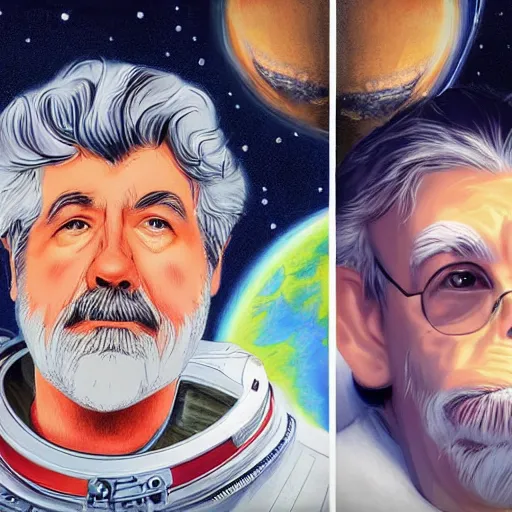 Image similar to pencil art, realistic self portrait, astronaut a and two chimpanzees, style of george lucas.